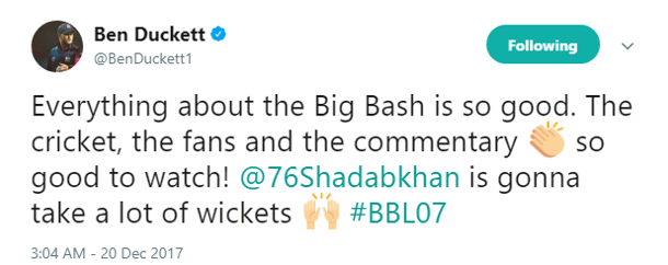 BenDuckett Tweet - Shadab Khan